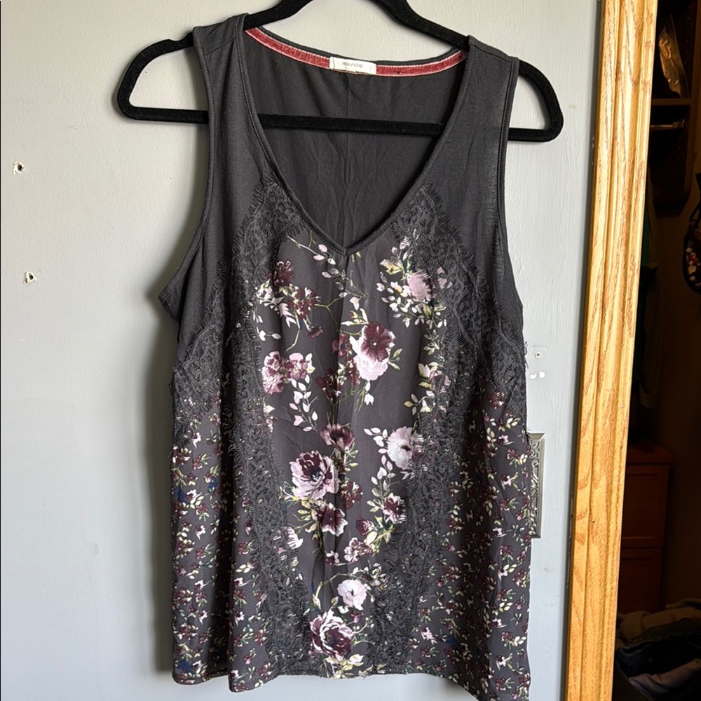 Floral Lace Trim Tank Top - Black and Purple